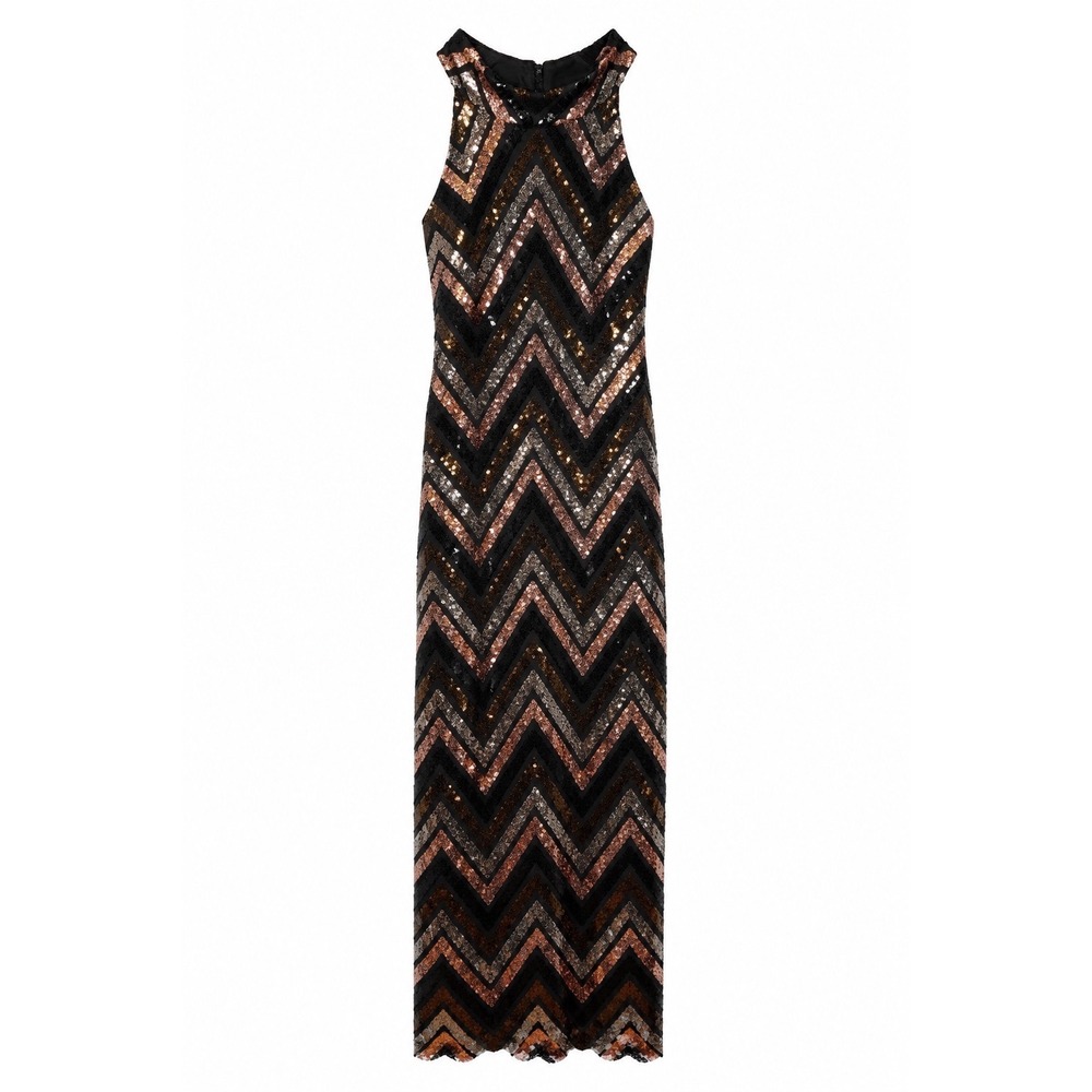 NWT Premier Amour Sequin Chevron Maxi Dress Black Rose Gold Formal Gown